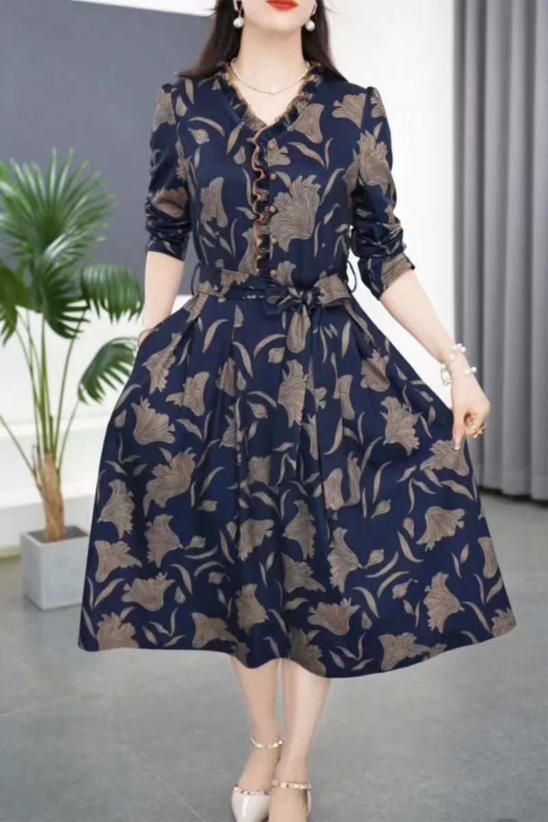 Fashionable Floral Print Belted Midi Dress Women's Autumn New Slimming Concealing Long Skirt V - Neck Long Sleeve Polyester Dress - PratSN
