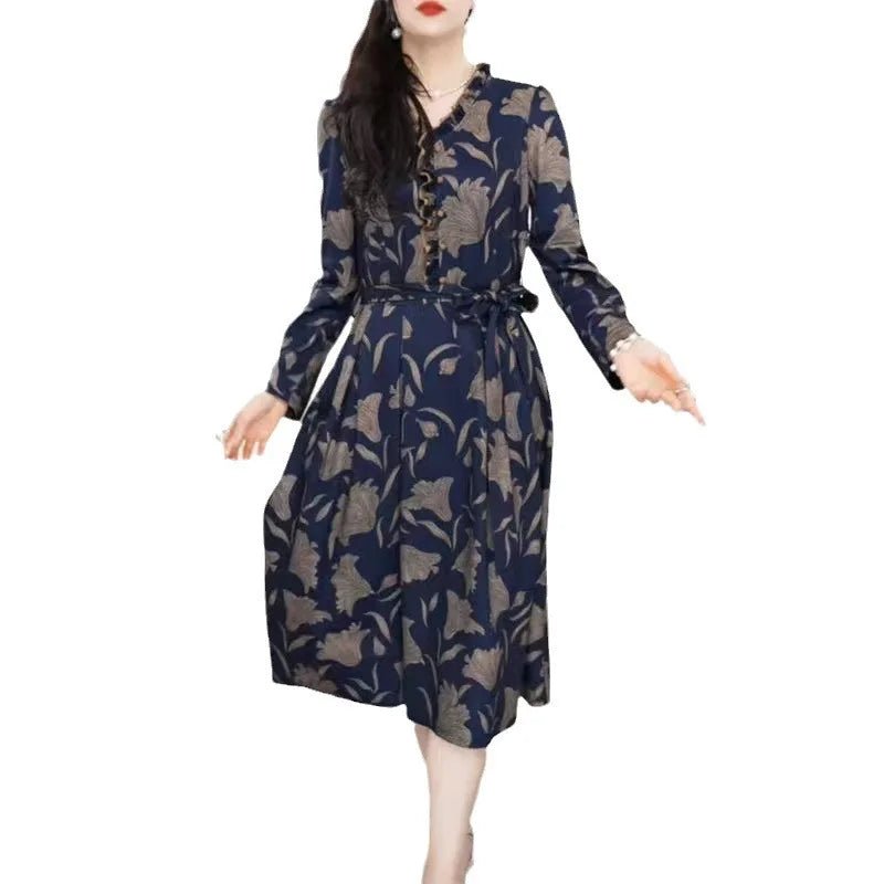 Fashionable Floral Print Belted Midi Dress Women's Autumn New Slimming Concealing Long Skirt V - Neck Long Sleeve Polyester Dress - PratSN