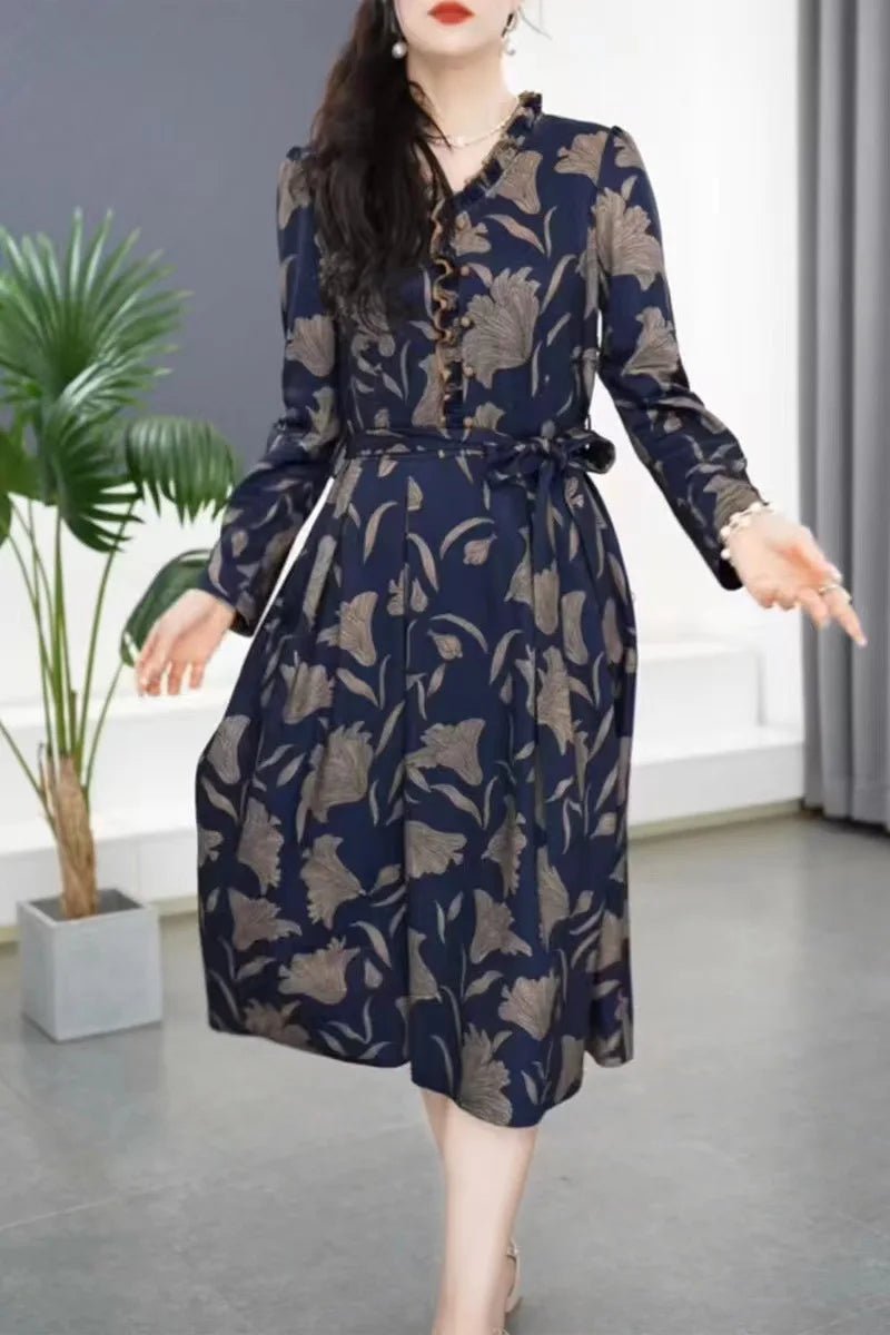 Fashionable Floral Print Belted Midi Dress Women's Autumn New Slimming Concealing Long Skirt V - Neck Long Sleeve Polyester Dress - PratSN
