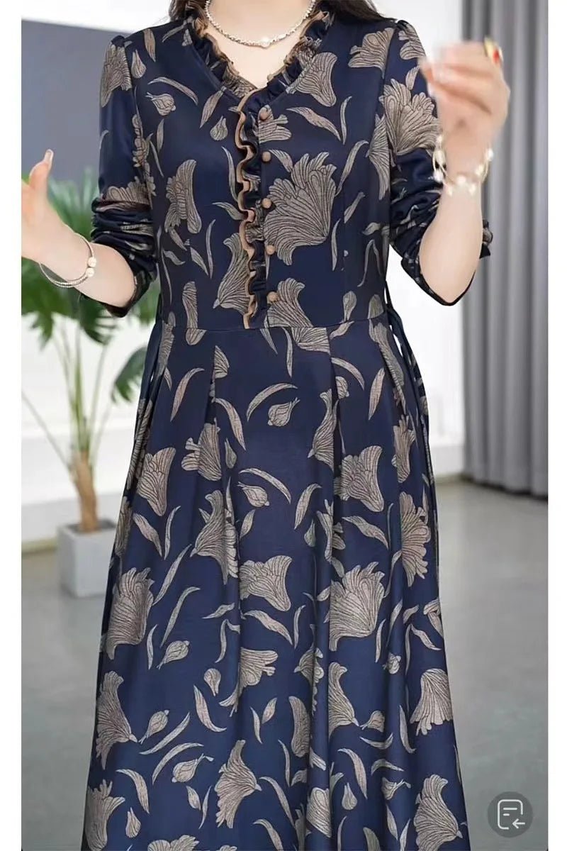 Fashionable Floral Print Belted Midi Dress Women's Autumn New Slimming Concealing Long Skirt V - Neck Long Sleeve Polyester Dress - PratSN