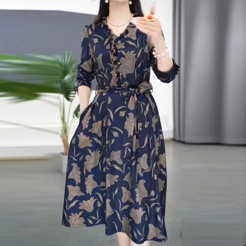 Fashionable Floral Print Belted Midi Dress Women's Autumn New Slimming Concealing Long Skirt V - Neck Long Sleeve Polyester Dress - PratSN