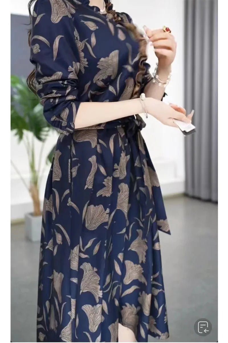 Fashionable Floral Print Belted Midi Dress Women's Autumn New Slimming Concealing Long Skirt V - Neck Long Sleeve Polyester Dress - PratSN