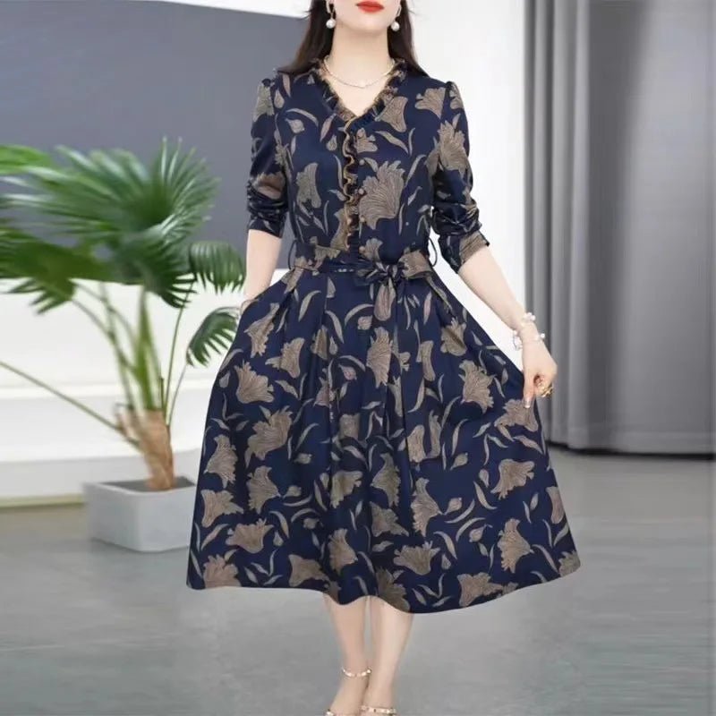 Fashionable Floral Print Belted Midi Dress Women's Autumn New Slimming Concealing Long Skirt V - Neck Long Sleeve Polyester Dress - PratSN