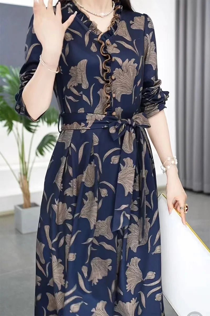Fashionable Floral Print Belted Midi Dress Women's Autumn New Slimming Concealing Long Skirt V - Neck Long Sleeve Polyester Dress - PratSN