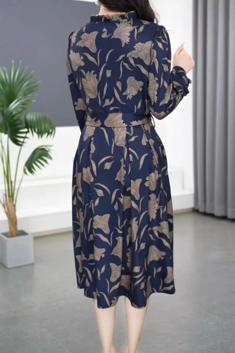 Fashionable Floral Print Belted Midi Dress Women's Autumn New Slimming Concealing Long Skirt V - Neck Long Sleeve Polyester Dress - PratSN