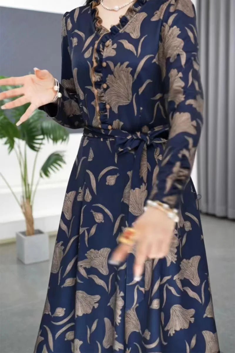 Fashionable Floral Print Belted Midi Dress Women's Autumn New Slimming Concealing Long Skirt V - Neck Long Sleeve Polyester Dress - PratSN
