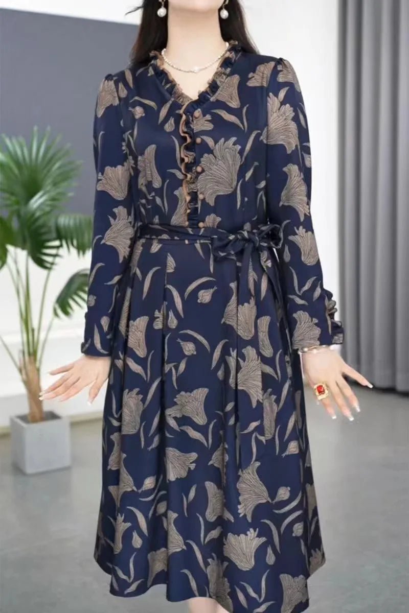Fashionable Floral Print Belted Midi Dress Women's Autumn New Slimming Concealing Long Skirt V - Neck Long Sleeve Polyester Dress - PratSN