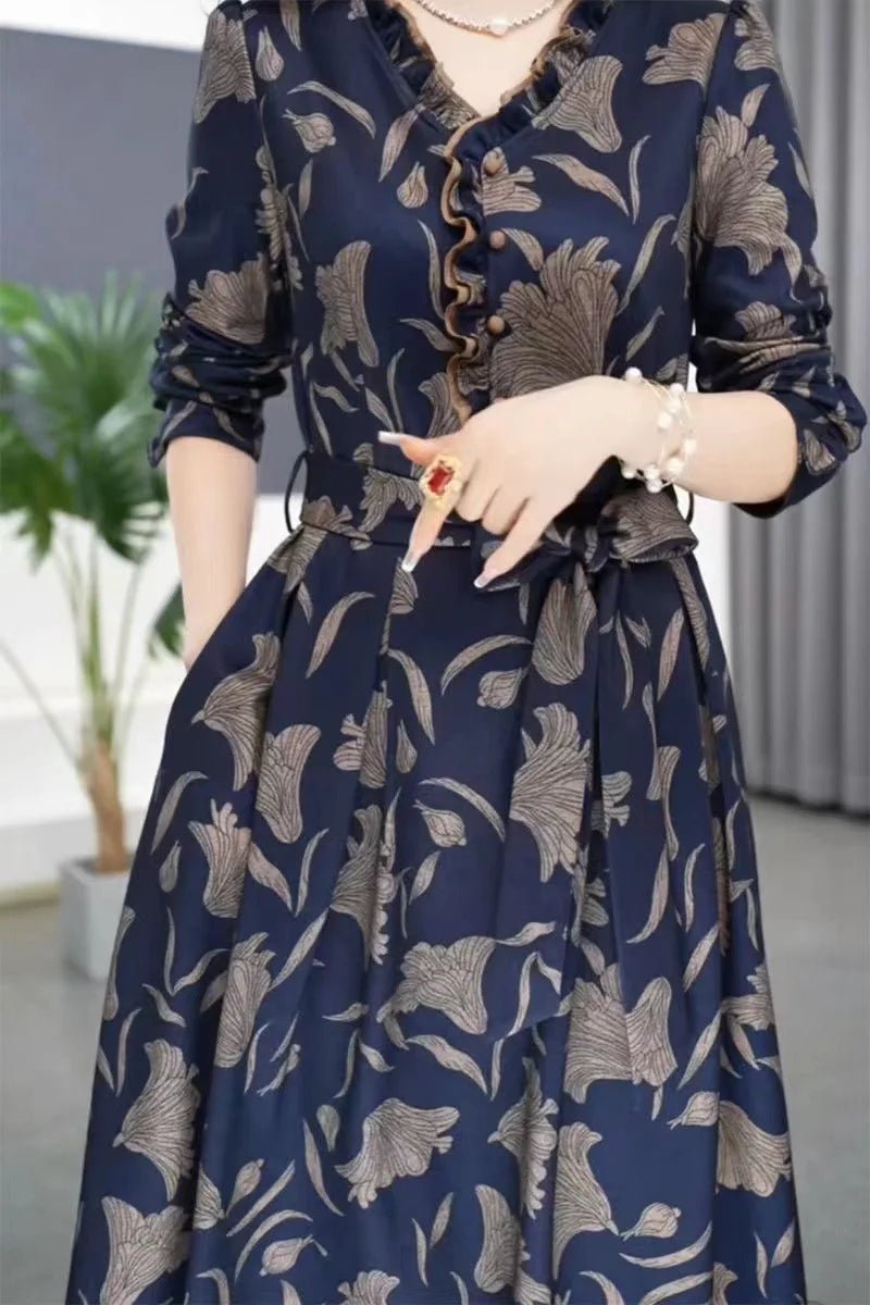 Fashionable Floral Print Belted Midi Dress Women's Autumn New Slimming Concealing Long Skirt V - Neck Long Sleeve Polyester Dress - PratSN