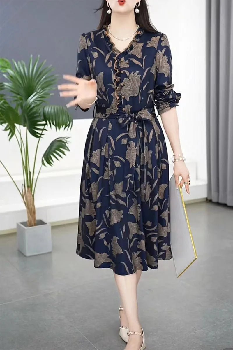 Fashionable Floral Print Belted Midi Dress Women's Autumn New Slimming Concealing Long Skirt V - Neck Long Sleeve Polyester Dress - PratSN