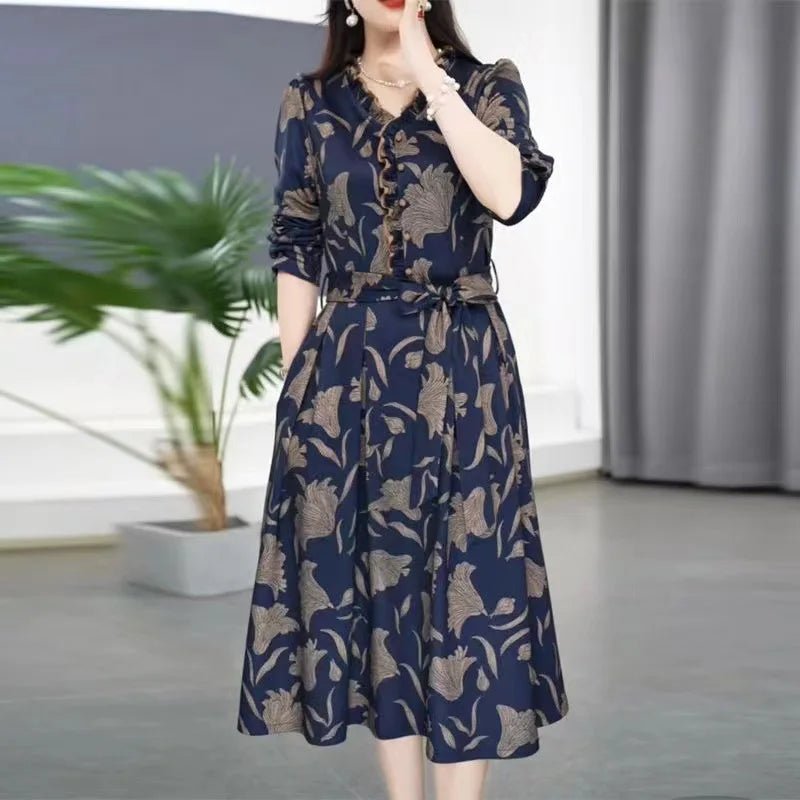 Fashionable Floral Print Belted Midi Dress Women's Autumn New Slimming Concealing Long Skirt V - Neck Long Sleeve Polyester Dress - PratSN