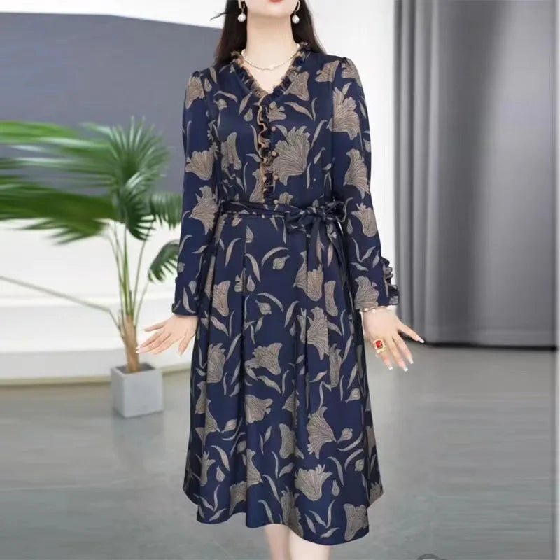 Fashionable Floral Print Belted Midi Dress Women's Autumn New Slimming Concealing Long Skirt V - Neck Long Sleeve Polyester Dress - PratSN
