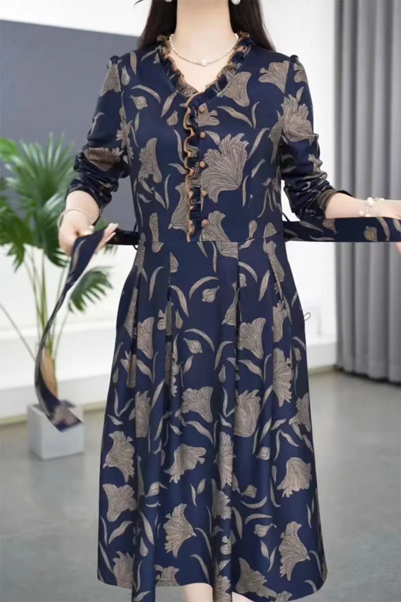 Fashionable Floral Print Belted Midi Dress Women's Autumn New Slimming Concealing Long Skirt V - Neck Long Sleeve Polyester Dress - PratSN