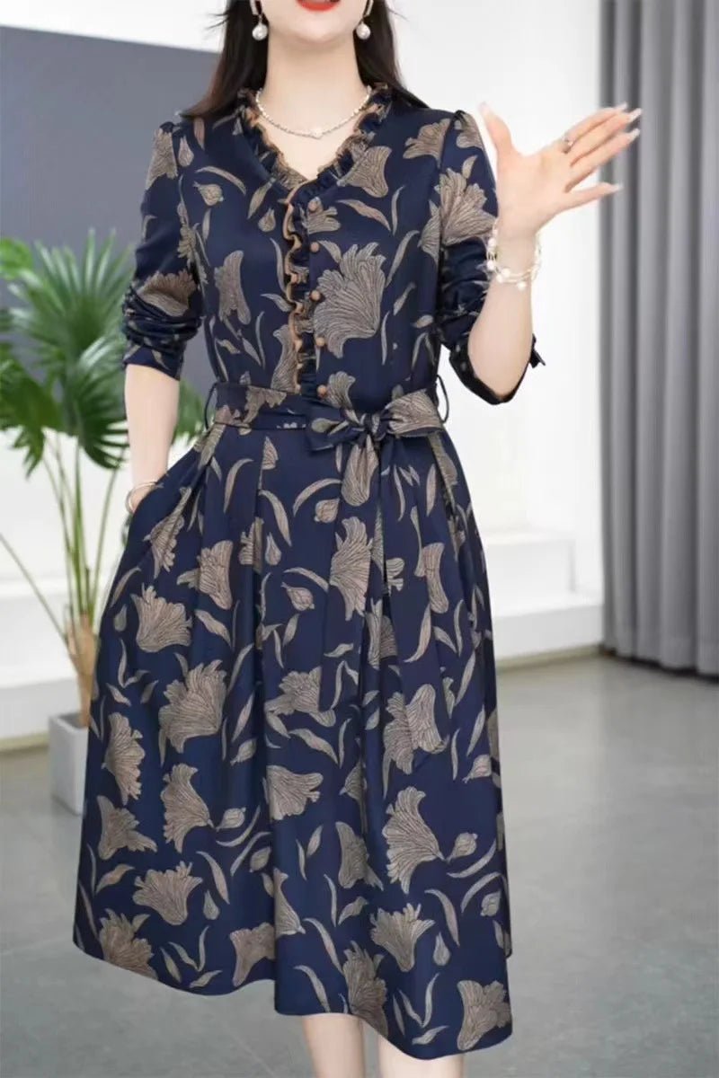Fashionable Floral Print Belted Midi Dress Women's Autumn New Slimming Concealing Long Skirt V - Neck Long Sleeve Polyester Dress - PratSN