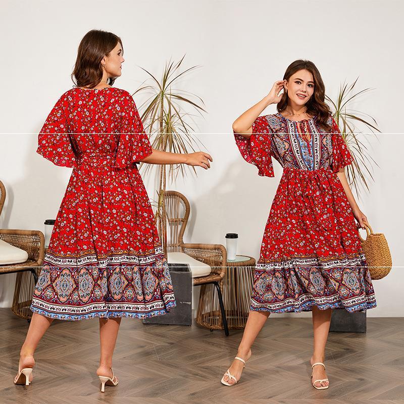 Fat Women Dresses Summer V Neck Print Beach Dress - PratSN