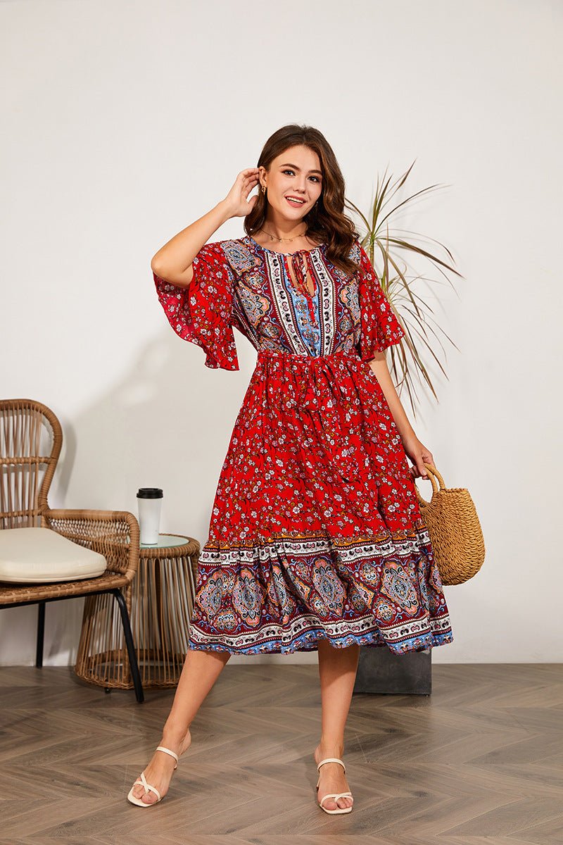 Fat Women Dresses Summer V Neck Print Beach Dress - PratSN