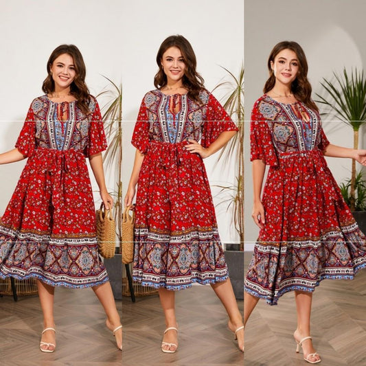 Fat Women Dresses Summer V Neck Print Beach Dress - PratSN