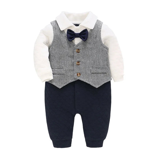 First Birthday Infant Romper Jumpsuit for Baby Boys Autumn Formal Bow Tie 100% Cotton Striped Pattern Button for 0 - 3 6 - 9 Months - PratSN
