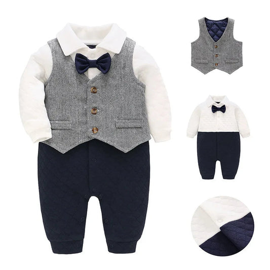 First Birthday Infant Romper Jumpsuit for Baby Boys Autumn Formal Bow Tie 100% Cotton Striped Pattern Button for 0 - 3 6 - 9 Months - PratSN