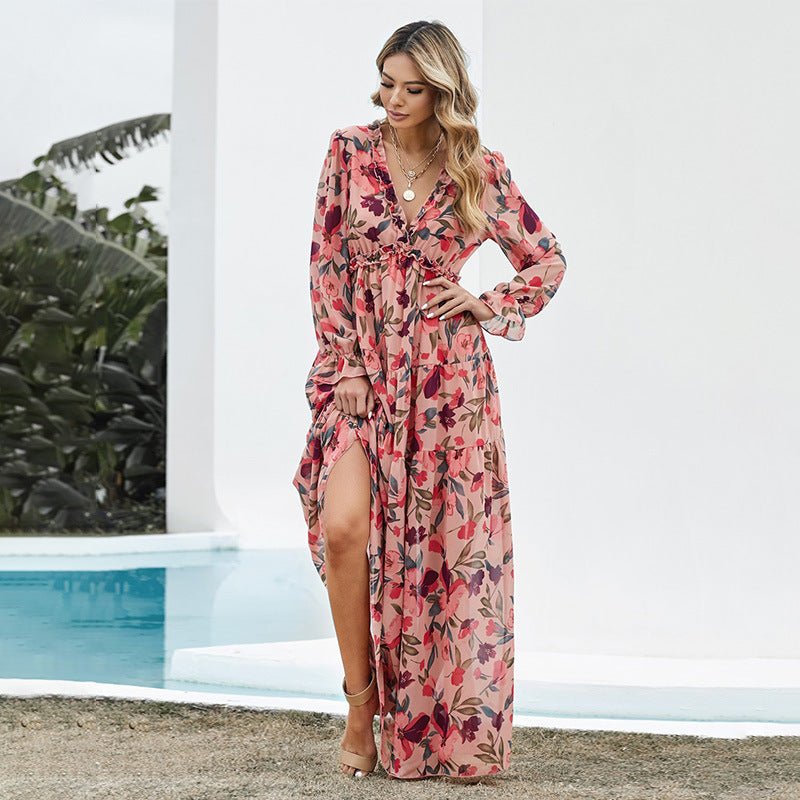 Floral Floral Dress Women Deep V - neck Ruffled Puff Sleeve Skirt - PratSN