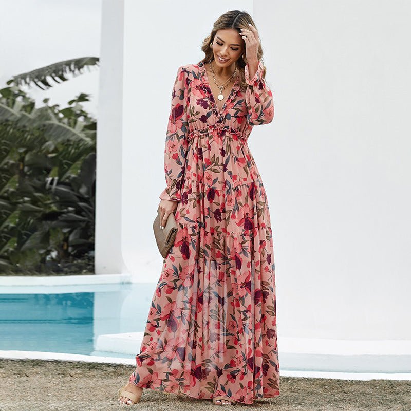 Floral Floral Dress Women Deep V - neck Ruffled Puff Sleeve Skirt - PratSN