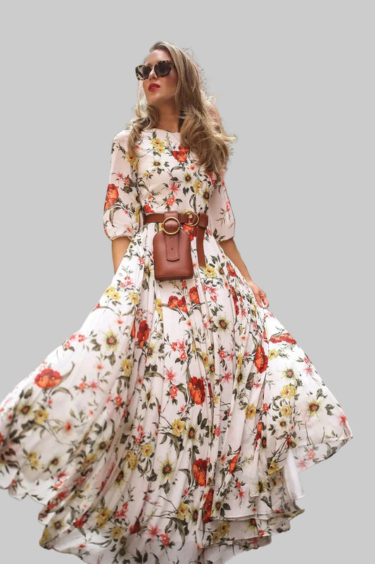 Floral Maxi Summer Beach Par Evening round Ne mid Waist Long Skirt Seven Printed - PratSN