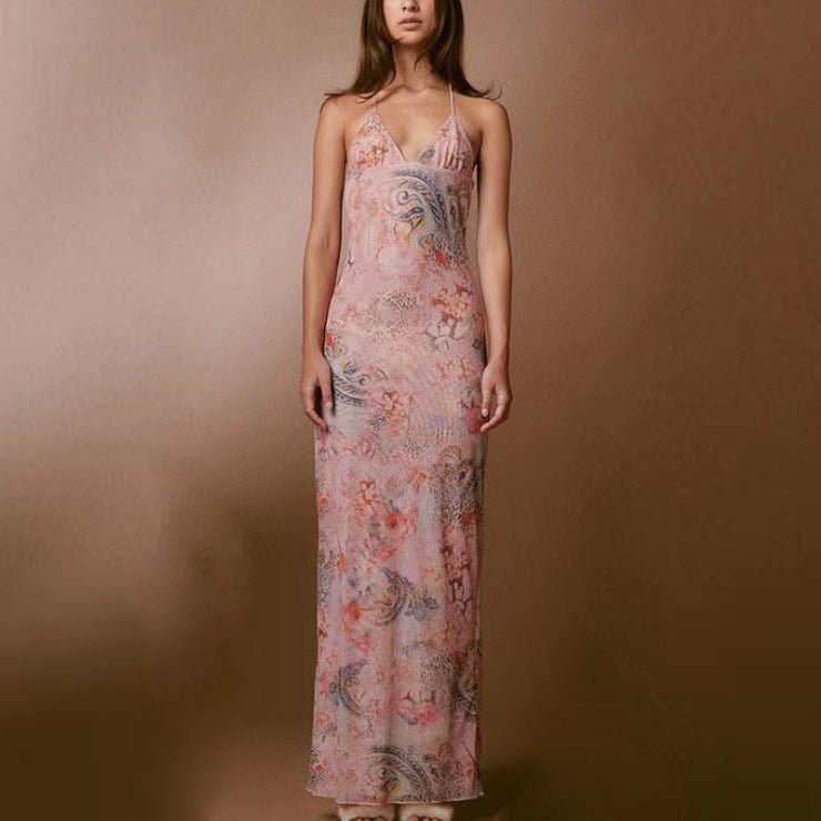 Floral Print Halter Spaghetti Straps Dress Sexy Slim Butterfly Back Dressess Spring Summer Womens Clothing - PratSN