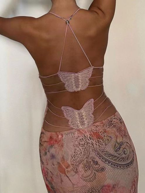 Floral Print Halter Spaghetti Straps Dress Sexy Slim Butterfly Back Dressess Spring Summer Womens Clothing - PratSN