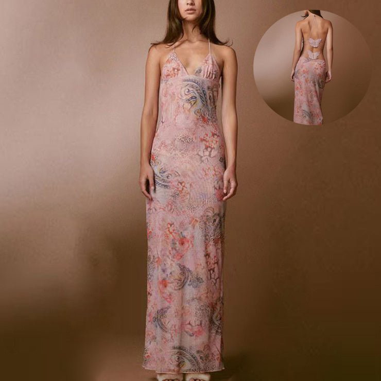 Floral Print Halter Spaghetti Straps Dress Sexy Slim Butterfly Back Dressess Spring Summer Womens Clothing - PratSN