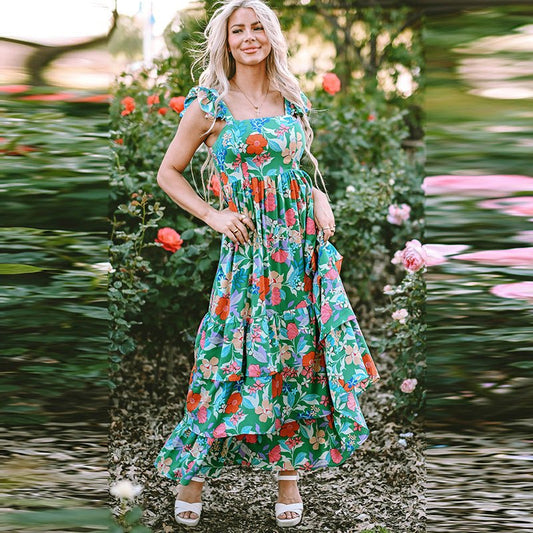 Floral Print High Waist Slimming Ruffled Sleeveless Dress - PratSN