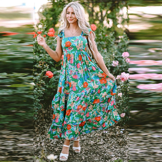 Floral Print High Waist Slimming Ruffled Sleeveless Dress - PratSN