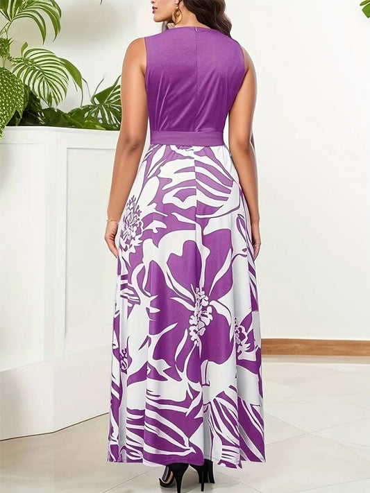 Floral Print Round Neck Sleeveless Tie Waist Dress, Vintage Stitch Flared Maxi Dress - PratSN