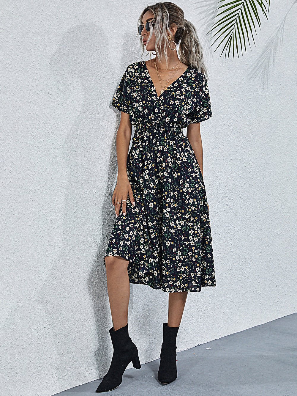 Floral Print Short Sleeve Dress - PratSN