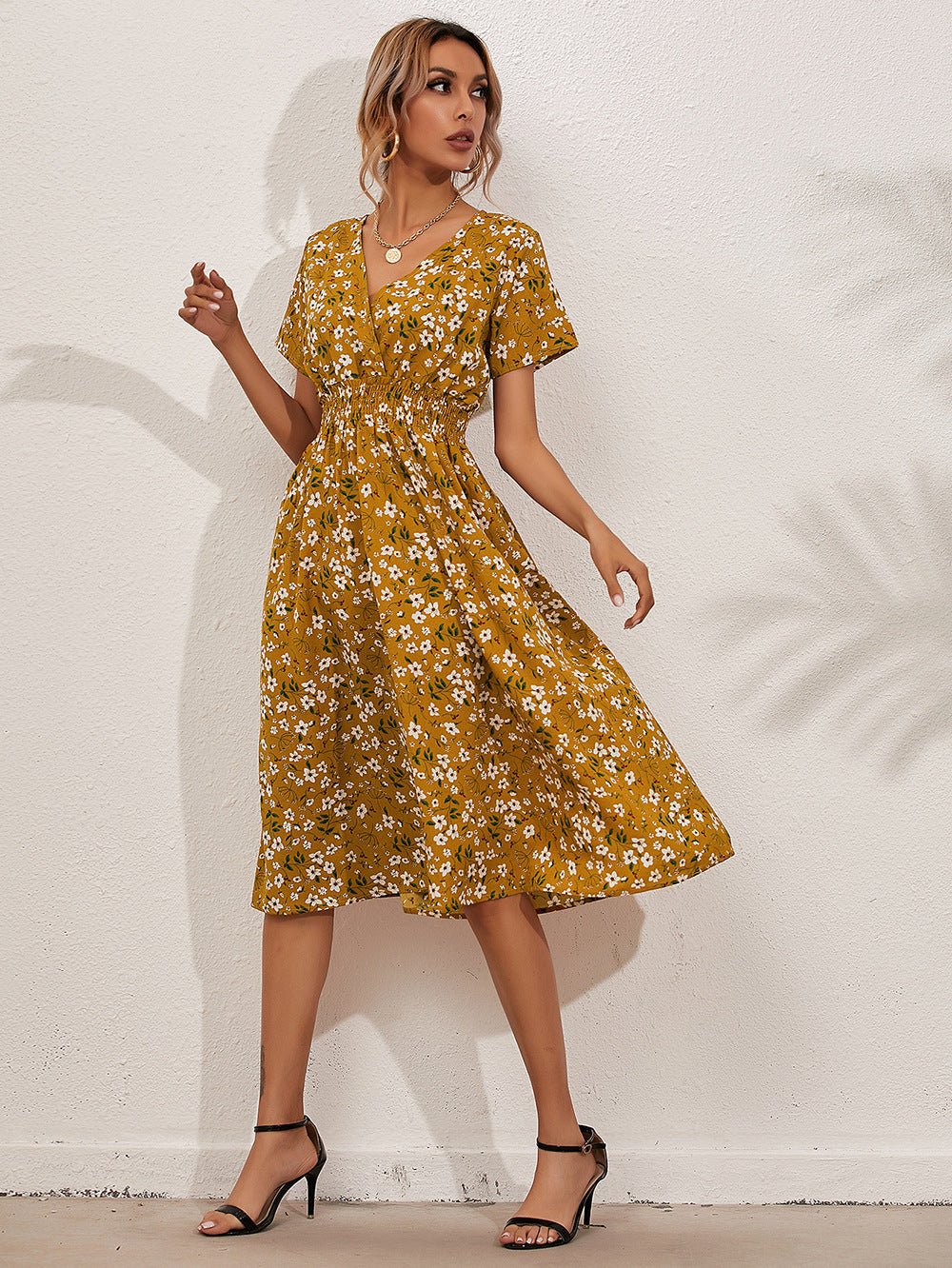 Floral Print Short Sleeve Dress - PratSN