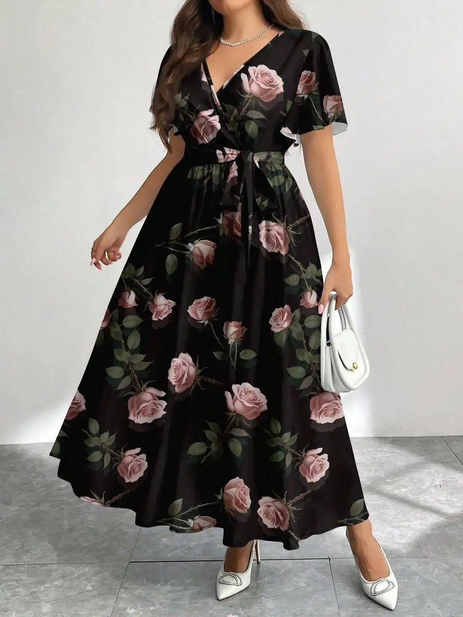 Floral Print V - Neck Wrap Dress with Belt, Loose Fit A - Line Midi Dress - PratSN