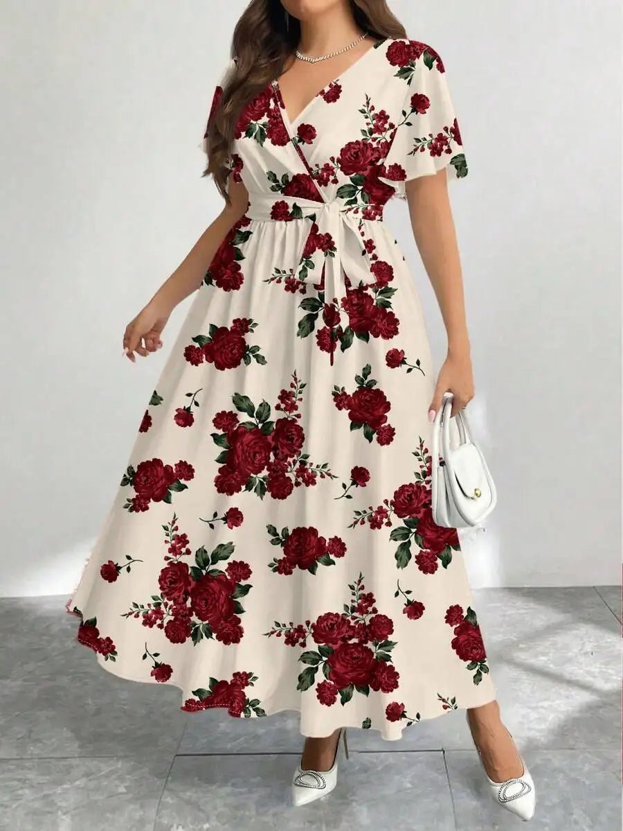 Floral Print V - Neck Wrap Dress with Belt, Loose Fit A - Line Midi Dress - PratSN