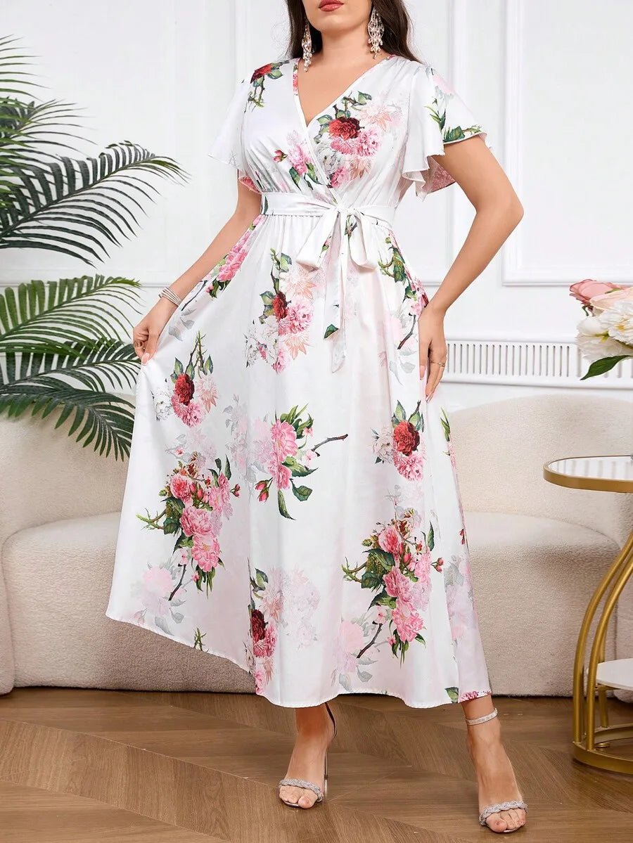 Floral Print V - Neck Wrap Dress with Belt, Loose Fit A - Line Midi Dress - PratSN