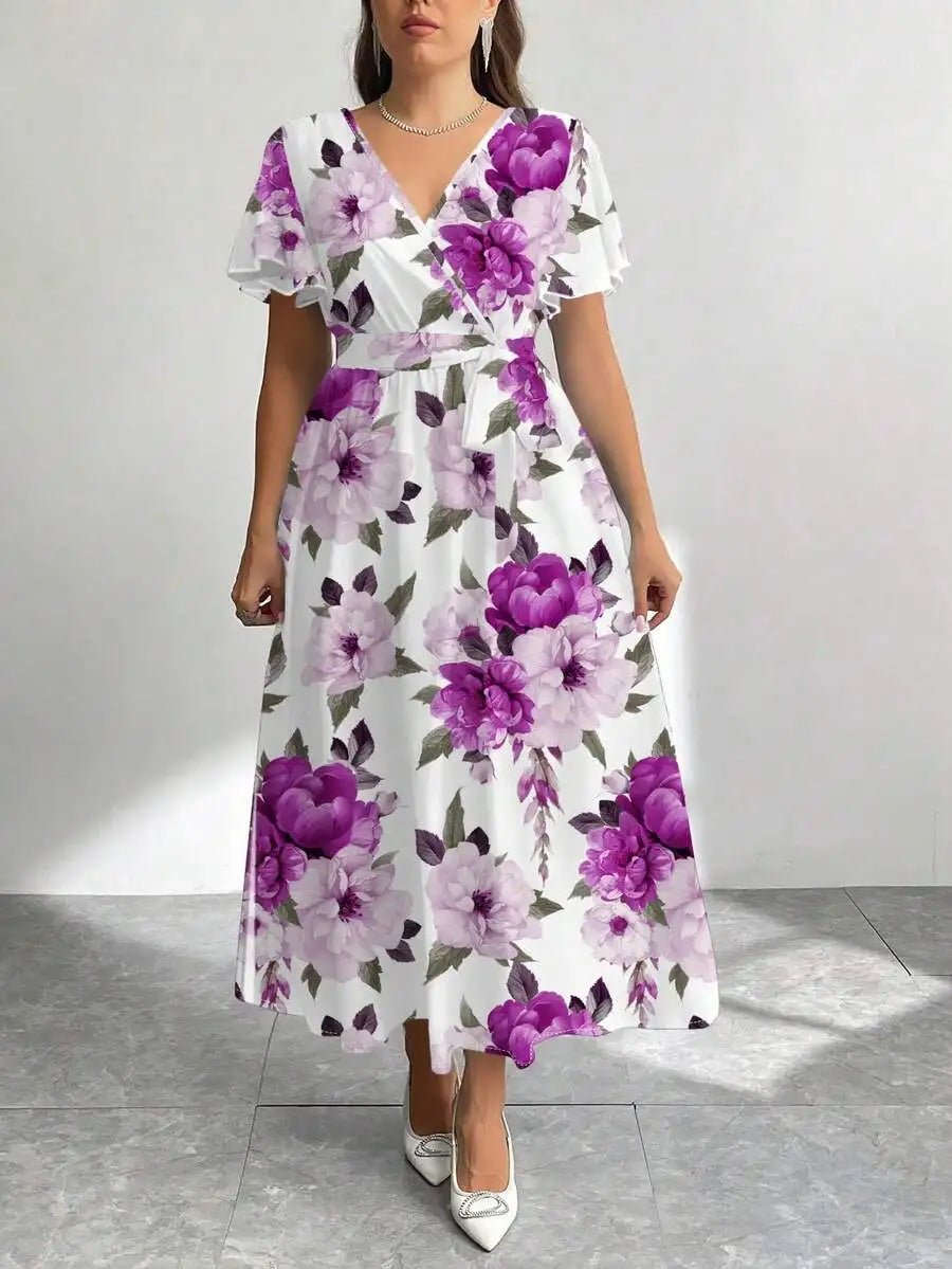 Floral Print V - Neck Wrap Dress with Belt, Loose Fit A - Line Midi Dress - PratSN