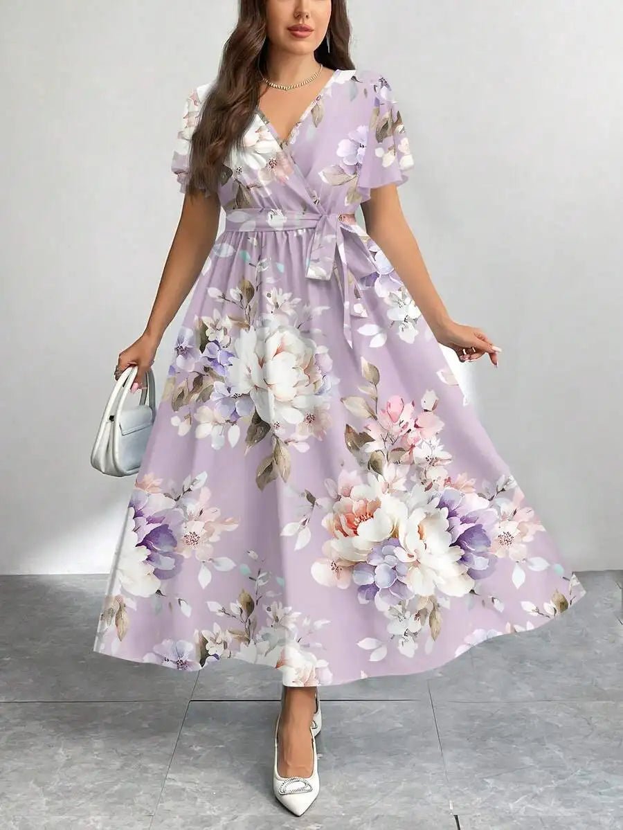 Floral Print V - Neck Wrap Dress with Belt, Loose Fit A - Line Midi Dress - PratSN