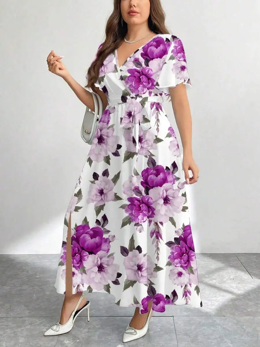 Floral Print V - Neck Wrap Dress with Belt, Loose Fit A - Line Midi Dress - PratSN
