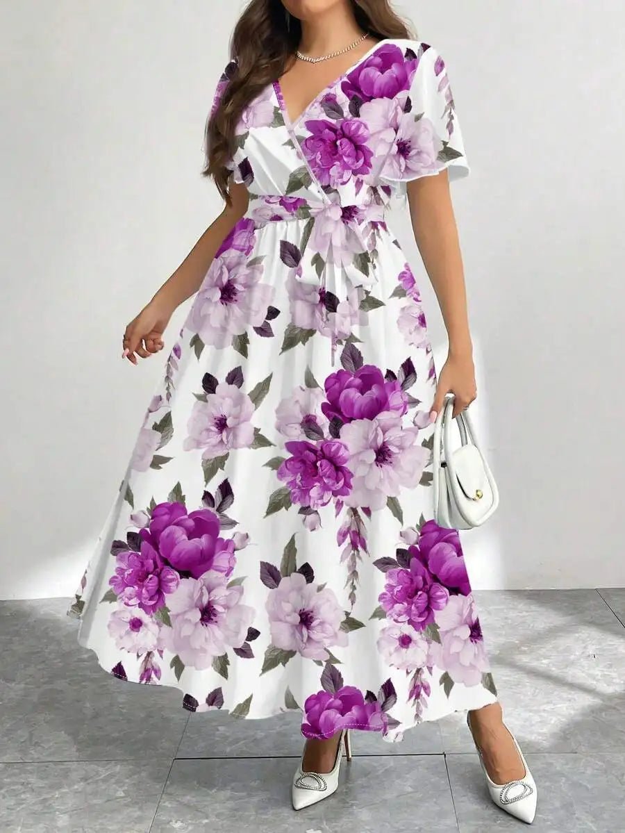 Floral Print V - Neck Wrap Dress with Belt, Loose Fit A - Line Midi Dress - PratSN