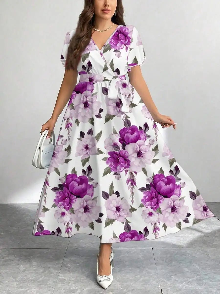 Floral Print V - Neck Wrap Dress with Belt, Loose Fit A - Line Midi Dress - PratSN