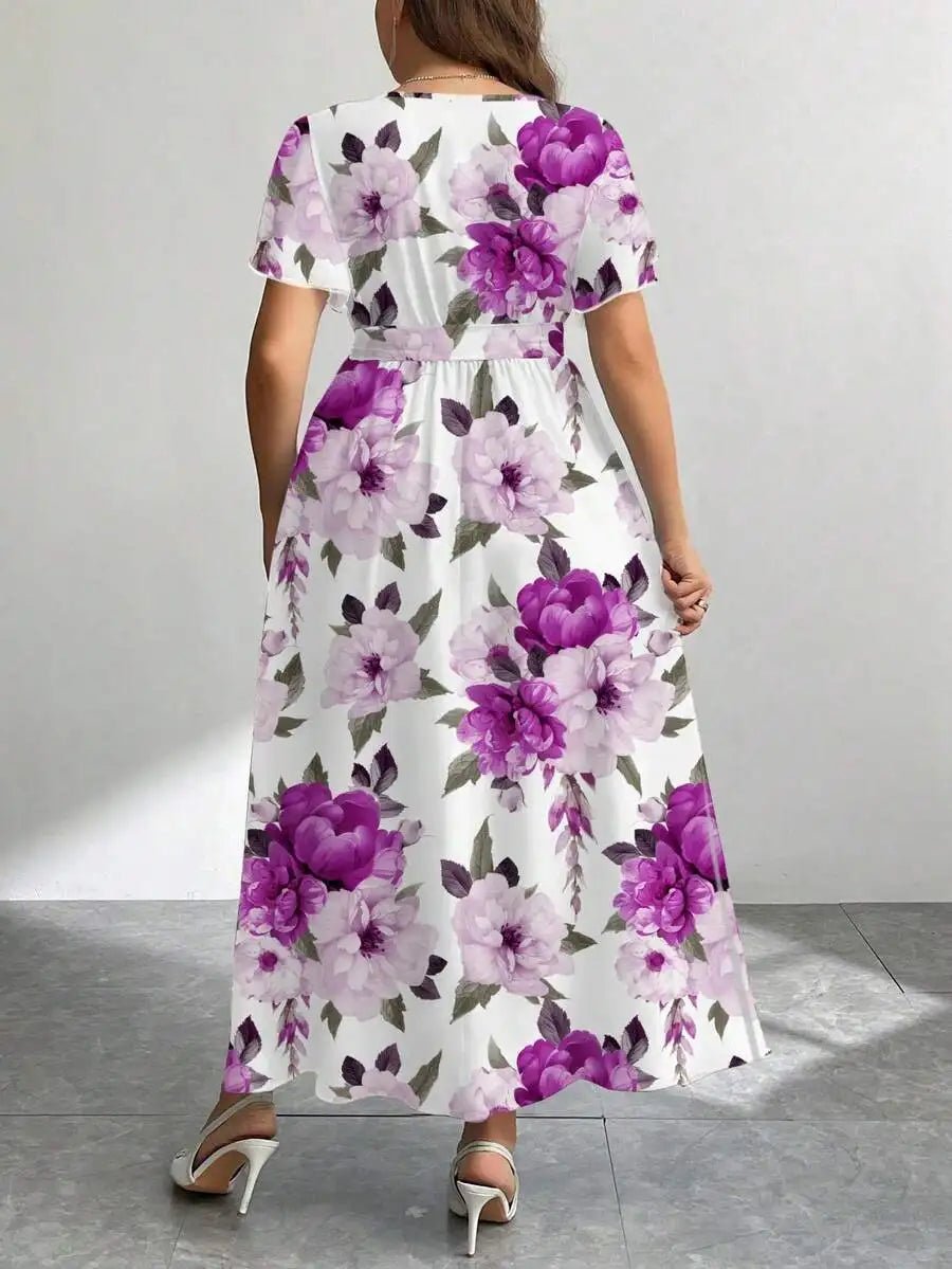 Floral Print V - Neck Wrap Dress with Belt, Loose Fit A - Line Midi Dress - PratSN