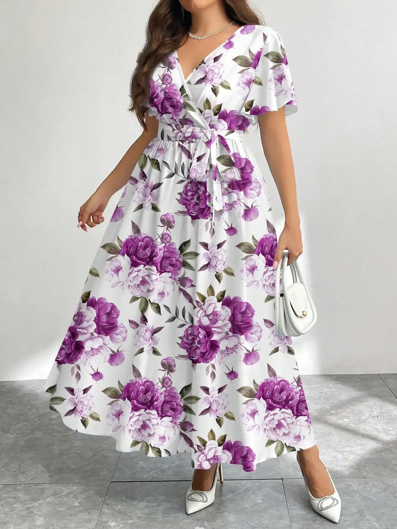 Floral Print V - Neck Wrap Dress with Belt, Loose Fit A - Line Midi Dress - PratSN