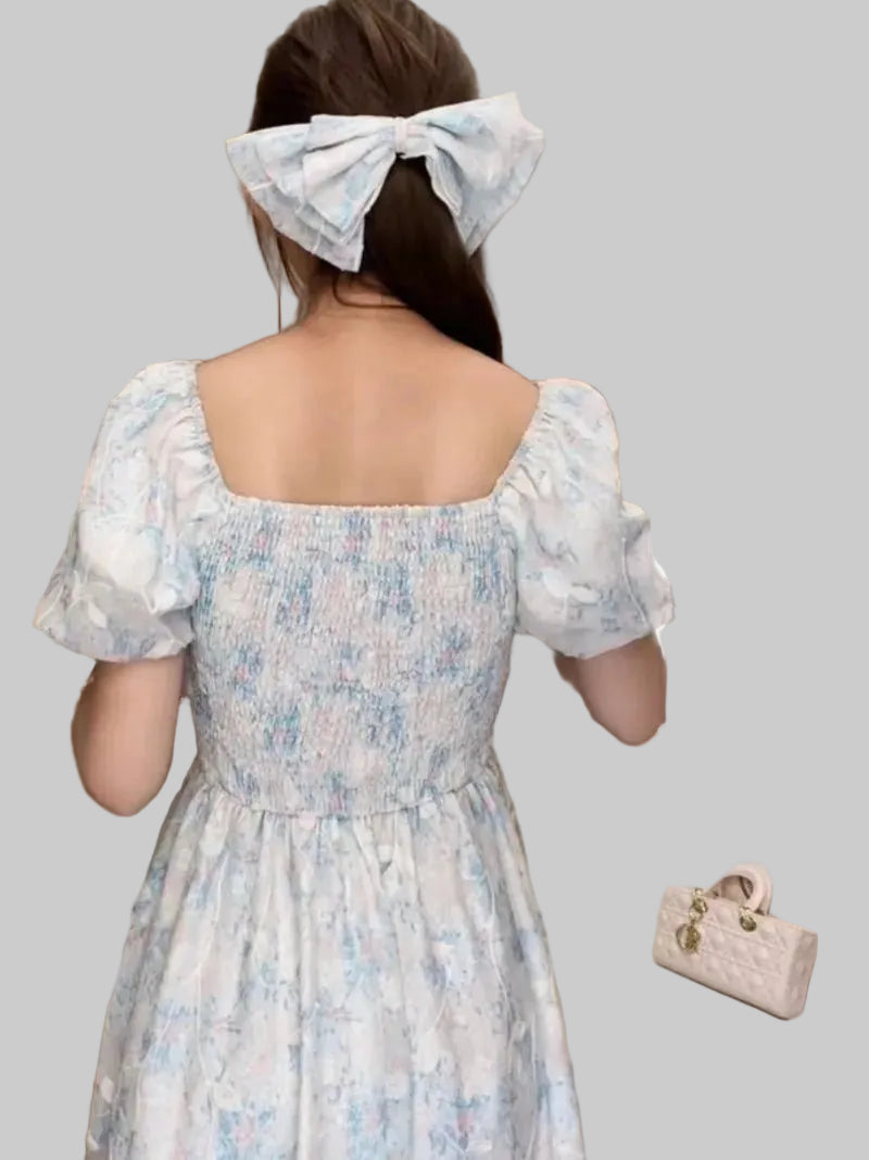 Floral Printed Dresses Women Sweet Short Sleeve Mesh Tender French Style Summer Beach Vestidos Princess Elegant Ladies Aesthetic - PratSN