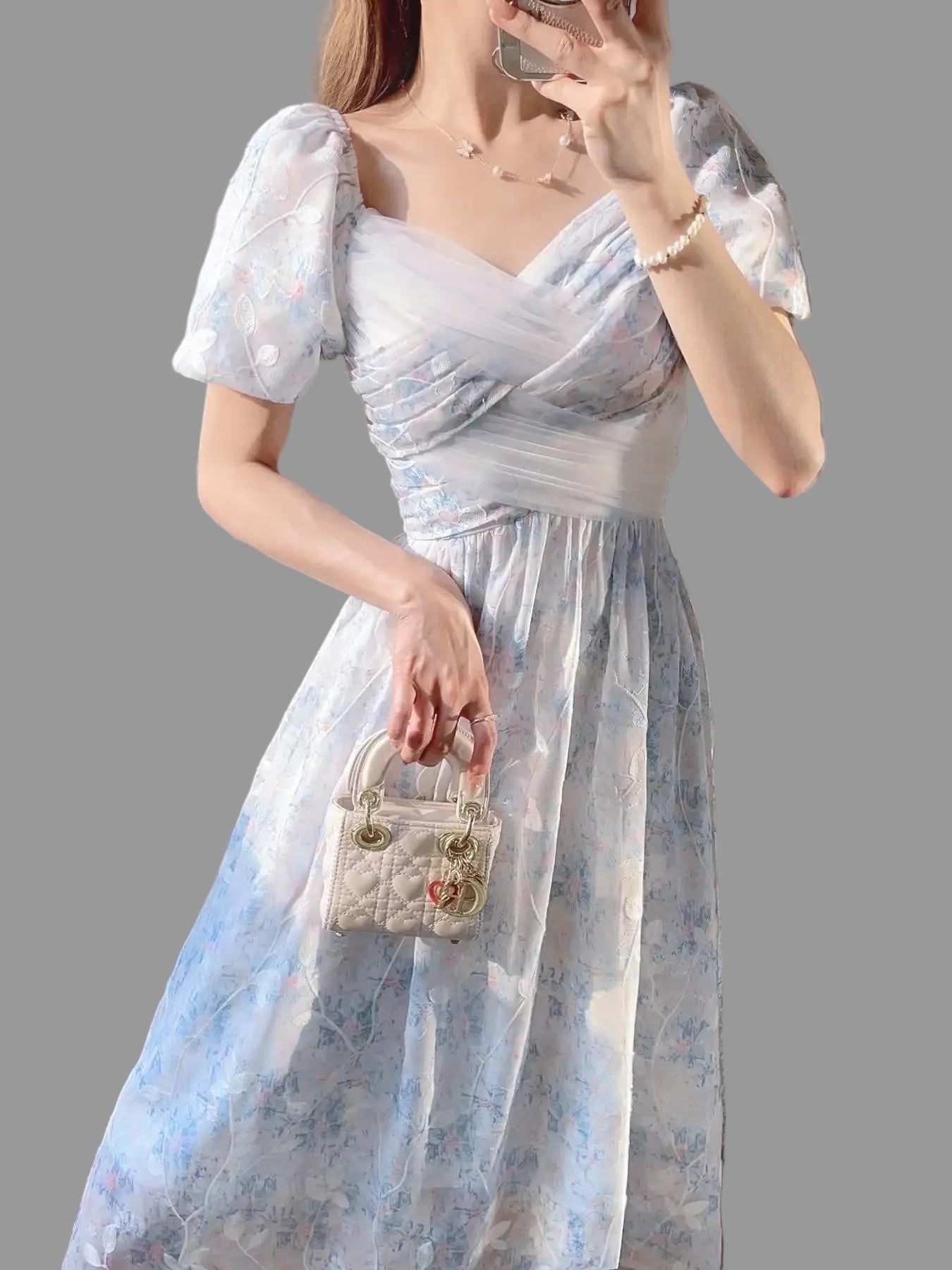 Floral Printed Dresses Women Sweet Short Sleeve Mesh Tender French Style Summer Beach Vestidos Princess Elegant Ladies Aesthetic - PratSN