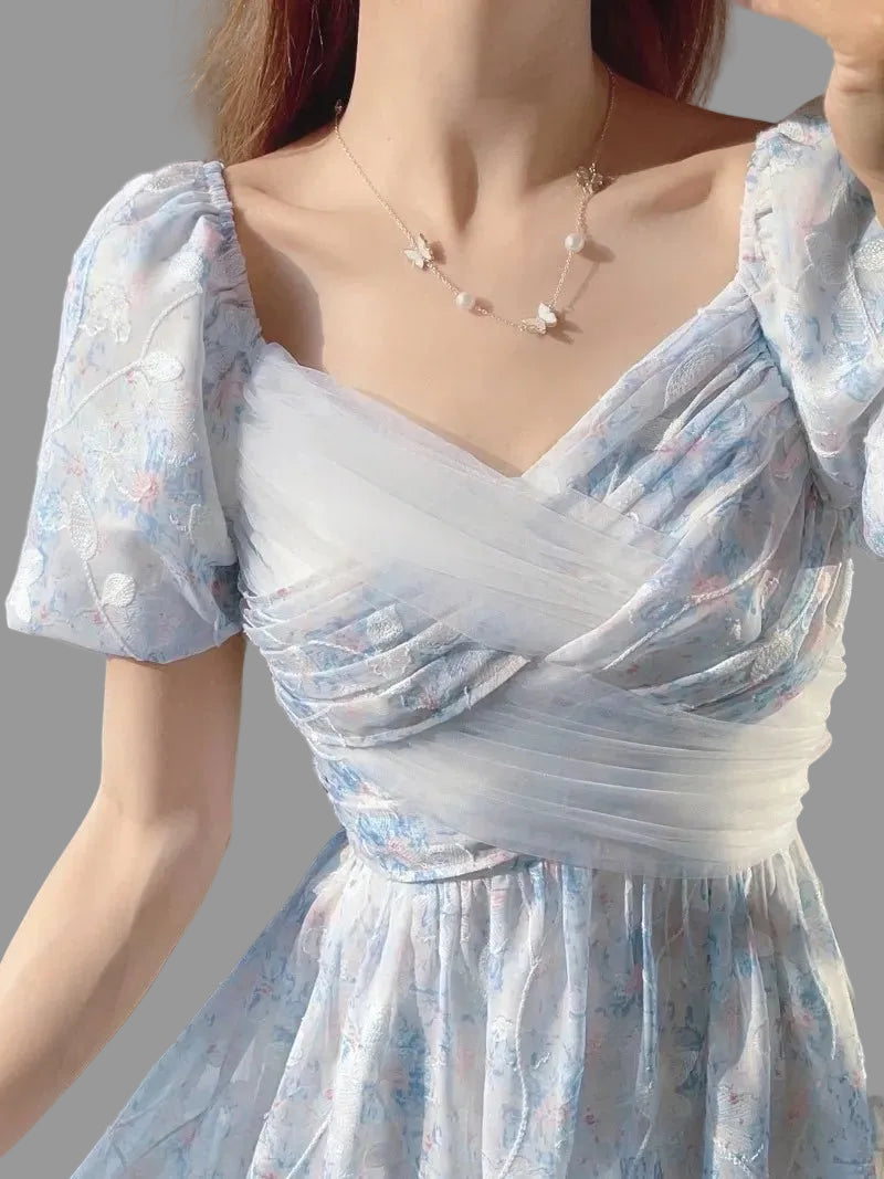 Floral Printed Dresses Women Sweet Short Sleeve Mesh Tender French Style Summer Beach Vestidos Princess Elegant Ladies Aesthetic - PratSN