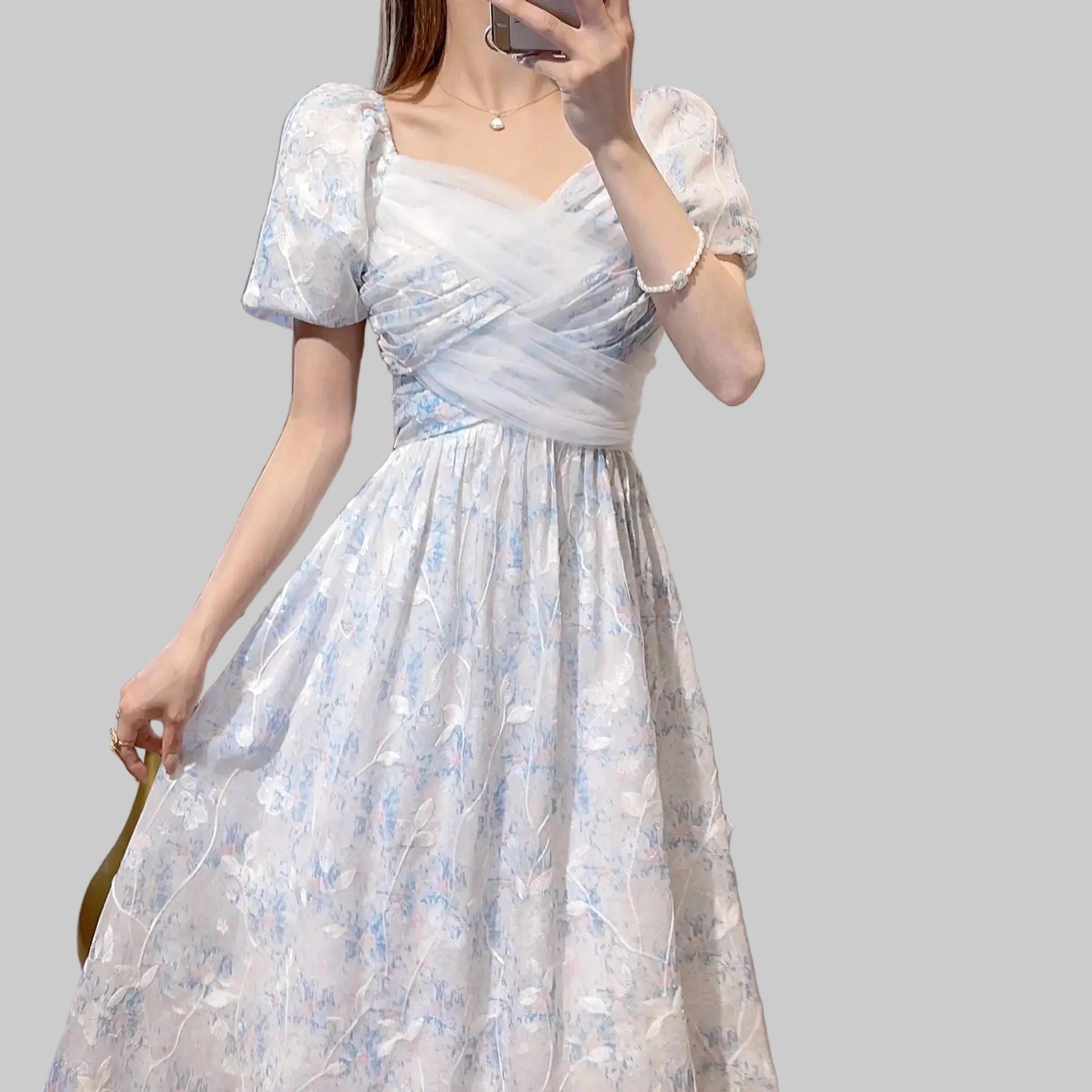 Floral Printed Dresses Women Sweet Short Sleeve Mesh Tender French Style Summer Beach Vestidos Princess Elegant Ladies Aesthetic - PratSN