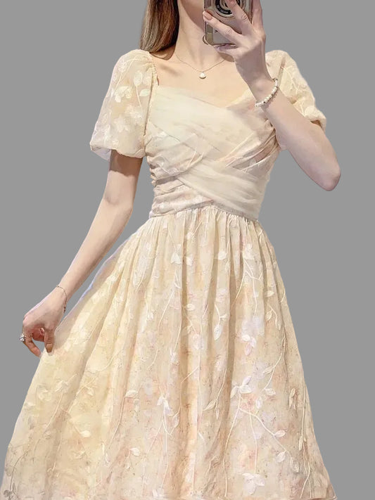 Floral Printed Dresses Women Sweet Short Sleeve Mesh Tender French Style Summer Beach Vestidos Princess Elegant Ladies Aesthetic - PratSN