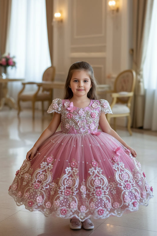 Flower Girl Dresses Luxury Princess Applique For Wedding Tulle Pearls Ball Pageant Kids Birthday Gift Party First Communion Gown - PratSN