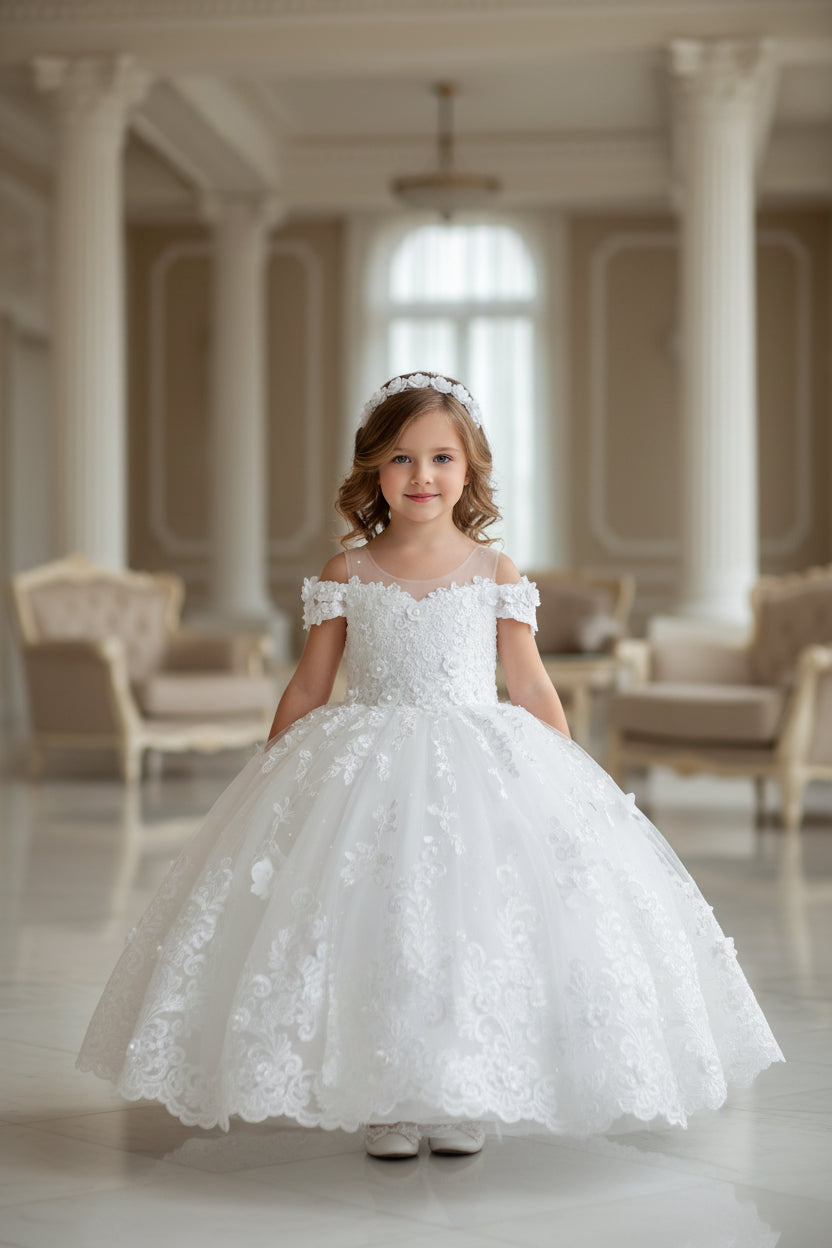 Flower Girl Dresses Luxury Princess Applique For Wedding Tulle Pearls Ball Pageant Kids Birthday Gift Party First Communion Gown - PratSN